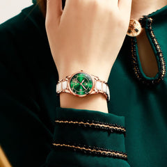 OLEVS 3606 Ceramic Rose Motif Quartz Watch for Women - Emerald Green Watch | Olevs Watch Store