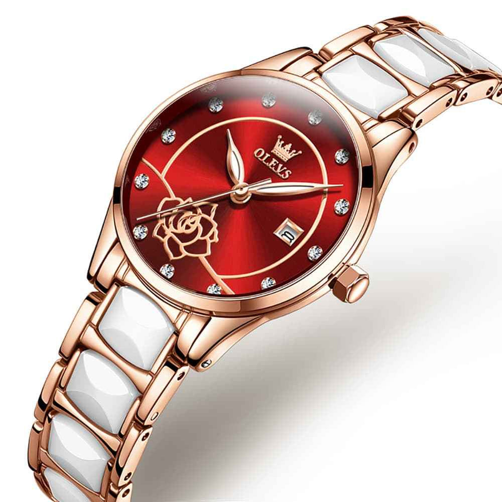 OLEVS 3606 – Women's Ceramic Rose Motif Quartz Watch