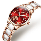 OLEVS 3606 Ceramic Rose Motif Quartz Watch for Women - Ruby Red Watch | Olevs Watch Store