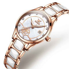 OLEVS 3606 – Women's Ceramic Rose Motif Quartz Watch