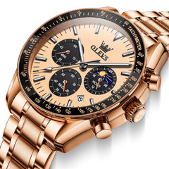 OLEVS 3618 Chronograph Moon Phase Quartz Watch for Men - Rose Gold Watch | Olevs Watch Store