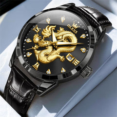 OLEVS 3619 3D Dragon Quartz Watch for Men - Leather Black Watch | Olevs Watch Store