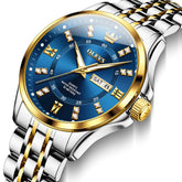 OLEVS 3620 Classic Diamond Quartz Steel Watch for Men - Two Tone Blue Watch | Olevs Watch Store