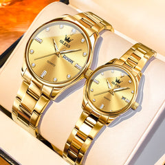 OLEVS 3621Q Minimalist Diamond Quartz Couple Watches Set - All Gold Watch | Olevs Watch Store