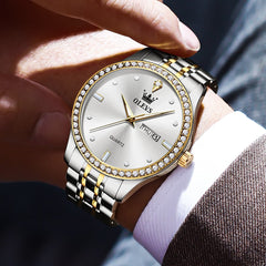 OLEVS 3625 Diamond Bezel Quartz Steel Watch for Men - All Gold Watch | Olevs Watch Store