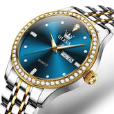 OLEVS 3625 Diamond Bezel Quartz Steel Watch for Men - Two Tone Blue Watch | Olevs Watch Store