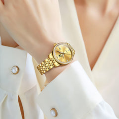 OLEVS 3625 Diamond Bezel Quartz Steel Watch for Women - All Gold Watch | Olevs Watch Store