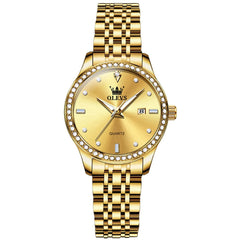 OLEVS 3625 Diamond Bezel Quartz Steel Watch for Women - All Gold Watch | Olevs Watch Store