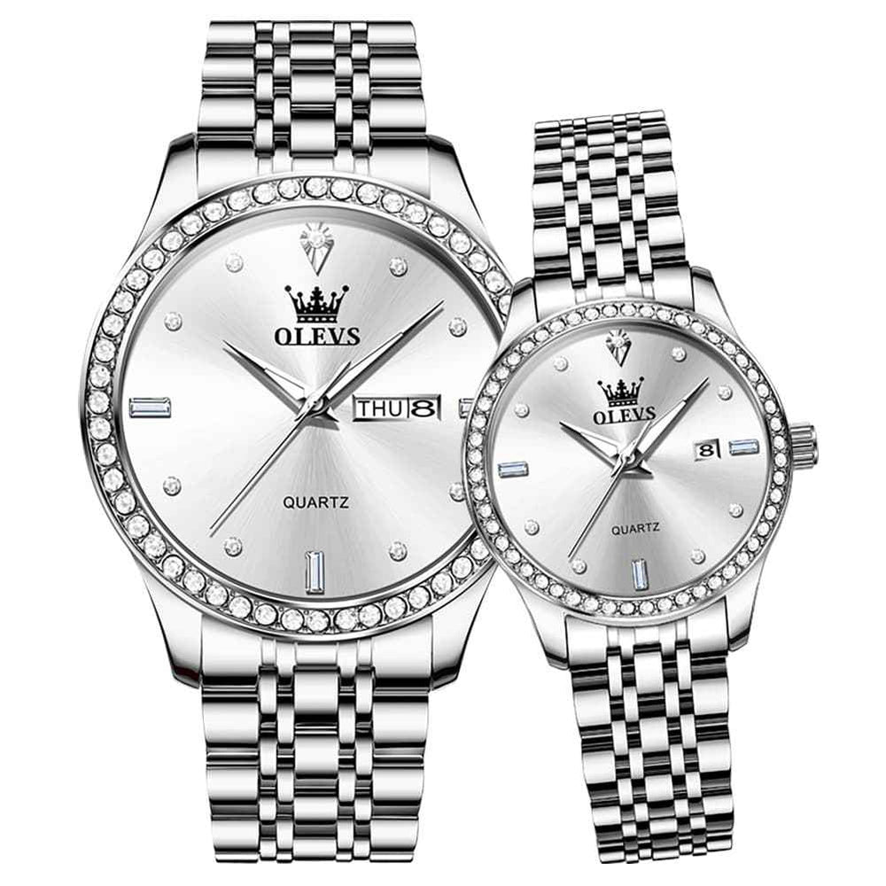 OLEVS 3625N – Couples' Diamond Bezel Quartz Watches Set
