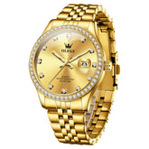 OLEVS 3629 Diamond Bezel Quartz Steel Watch for Men - All Gold Watch | Olevs Watch Store