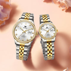 OLEVS 3629Q Diamond Bezel Quartz Couple Watches Set - Two Tone White Watch | Olevs Watch Store