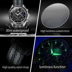 OLEVS 3630 Multifunction Nylon Quartz Watch for Men - All Black Watch | Olevs Watch Store