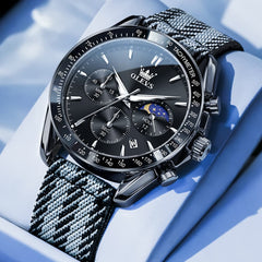 OLEVS 3630 Multifunction Nylon Quartz Watch for Men - All Black Watch | Olevs Watch Store