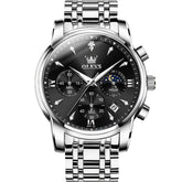 OLEVS 3639 Chronograph Moon Phase Quartz Watch for Men - Silver Black Watch | Olevs Watch Store