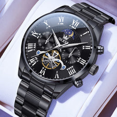 OLEVS 3640 Open-Heart Moon Phase Quartz Watch for Men - All Black Watch | Olevs Watch Store