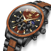 OLEVS 3645 Solid Wood & Steel Chronograph Quartz Watch for Men - Red Sandal Wood Watch | Olevs Watch Store