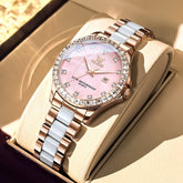 OLEVS 3651 Mother of Pearl Ceramic Crystal Diamond Watch For Women - Rose Gold Pink Watch | Olevs Watch Store