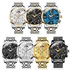 OLEVS 3655 Chronograph Moon Phase Roman Diamond Dial Stainless Steel Watch For Men - All Black Watch | Olevs Watch Store