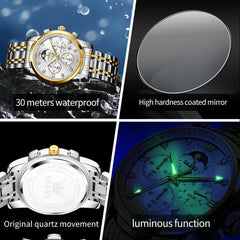 OLEVS 3655 Chronograph Moon Phase Roman Diamond Dial Stainless Steel Watch For Men - All Black Watch | Olevs Watch Store