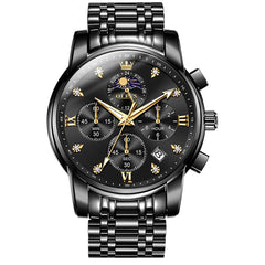 OLEVS 3655 Chronograph Moon Phase Roman Diamond Dial Stainless Steel Watch For Men - All Black Watch | Olevs Watch Store