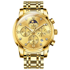 OLEVS 3655 Chronograph Moon Phase Roman Diamond Dial Stainless Steel Watch For Men - All Gold Watch | Olevs Watch Store