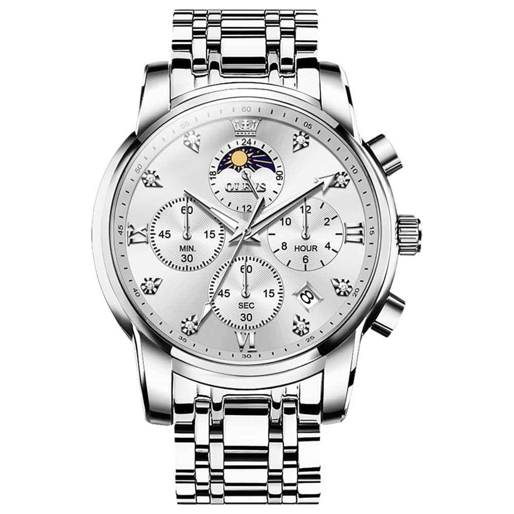 OLEVS 3655 – Men's Chronograph Moon Phase Roman Diamond Dial Stainless Steel Watch