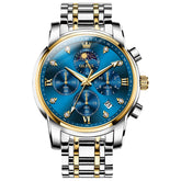 OLEVS 3655 Chronograph Moon Phase Roman Diamond Dial Stainless Steel Watch For Men - Two Tone Blue Watch | Olevs Watch Store