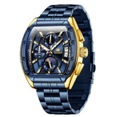 OLEVS 3661 Tonneau Barrel Chronograph Moon Phase Tactical Watch For Men - Steel Gold Blue Watch | Olevs Watch Store