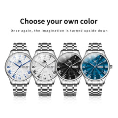 OLEVS 3663 Rosebud Roman Dial Day Date Quartz Watch For Men - Silver Blue Watch | Olevs Watch Store
