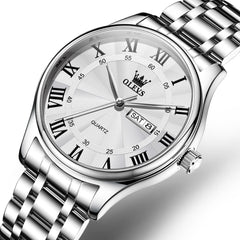 OLEVS 3663 Rosebud Roman Dial Day Date Quartz Watch For Men - Silver Blue Watch | Olevs Watch Store