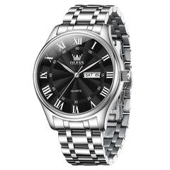 OLEVS 3663 Rosebud Roman Dial Day Date Quartz Watch For Men - Silver Blue Watch | Olevs Watch Store