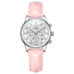 OLEVS 3669 Quartz Multi Dial Diamond Watch For Women - Leather Black White Watch | Olevs Watch Store