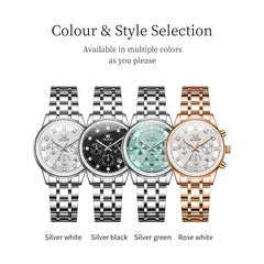 OLEVS 3669 Quartz Multi Dial Diamond Watch For Women - Leather Black White Watch | Olevs Watch Store