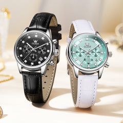 OLEVS 3669 Quartz Multi Dial Diamond Watch For Women - Leather Black White Watch | Olevs Watch Store