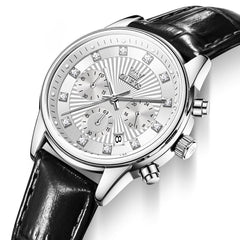 OLEVS 3669 Quartz Multi Dial Diamond Watch For Women - Leather Black White Watch | Olevs Watch Store