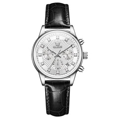 OLEVS 3669 Quartz Multi Dial Diamond Watch For Women - Leather Black White Watch | Olevs Watch Store