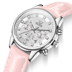 OLEVS 3669 Quartz Multi Dial Diamond Watch For Women - Leather Pink White Watch | Olevs Watch Store