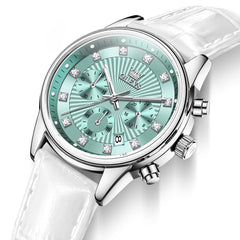 OLEVS 3669 Quartz Multi Dial Diamond Watch For Women - Leather White Green Watch | Olevs Watch Store