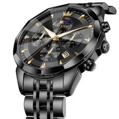 OLEVS 3673 Quartz 3D Rhombic Mirror Chronograph Watch For Men - All Black Watch | Olevs Watch Store