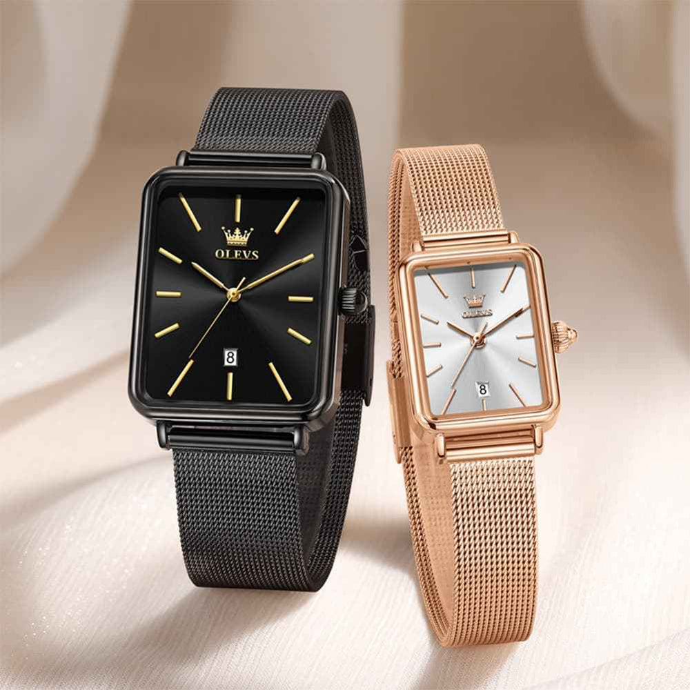 OLEVS 3692 – Couples' Matching Watch Set Rectangle Minimalist Mesh