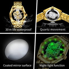 OLEVS 3725 Skeleton Luminous Quartz Watch for Men - Gold Watch | Olevs Watch Store