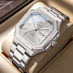 OLEVS 3731 Square Ribbed Dial Luminous Quartz Watch for Men - Silver Blue Watch | Olevs Watch Store