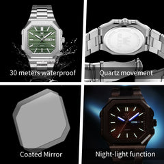 OLEVS 3731 Square Ribbed Dial Luminous Quartz Watch for Men - Silver Blue Watch | Olevs Watch Store