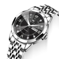 Silver Black faceted glass day date quartz watch dial close up - OLEVS 3759