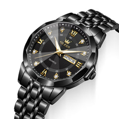All Black faceted glass day date quartz watch dial close up - OLEVS 3759