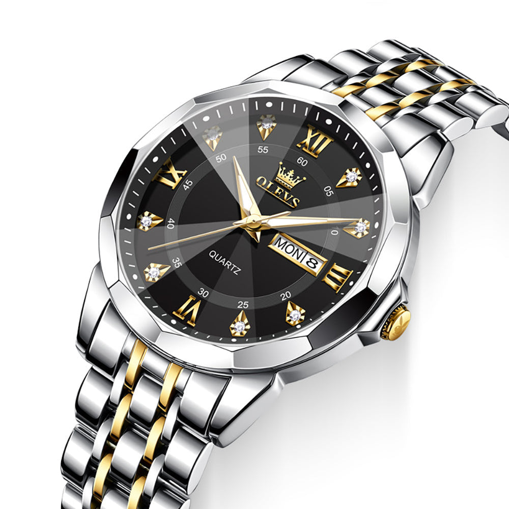 Gold Black faceted glass day date quartz watch dial close up - OLEVS 3759