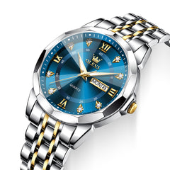 Gold Blue faceted glass day date quartz watch dial close up - OLEVS 3759