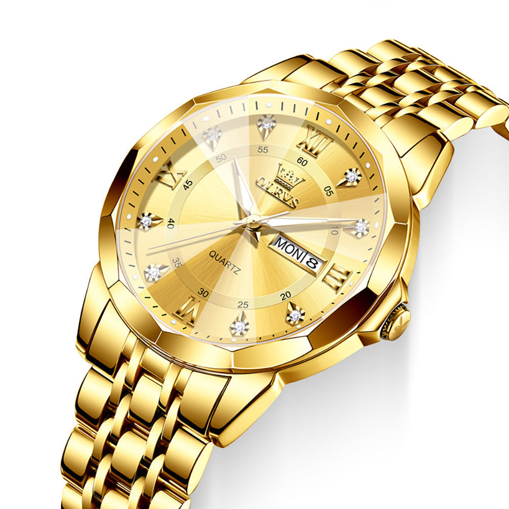 All Gold faceted glass day date quartz watch dial close up - OLEVS 3759
