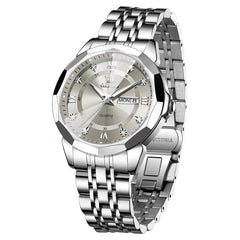 Silver Gray faceted glass day date quartz watch - OLEVS 3759
