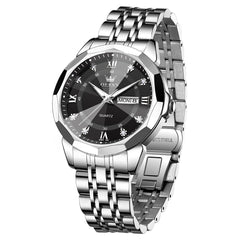 Silver Black faceted glass day date quartz watch - OLEVS 3759